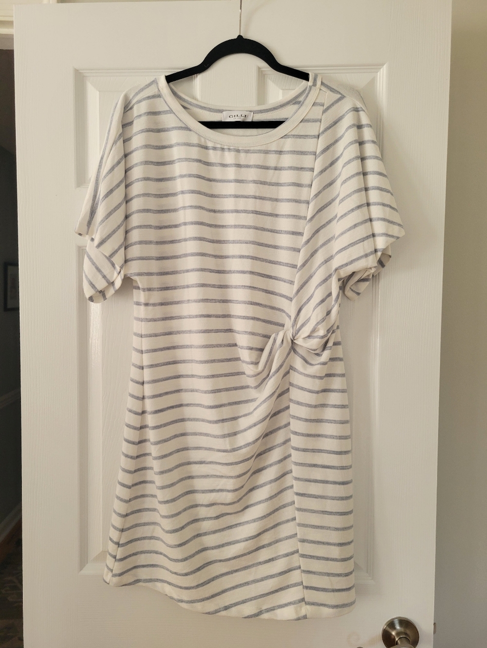 NWT Womens Size Large Gilli Striped Knot Tee Dress in White and Light Blue